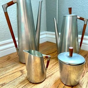 1960’s Royal Holland, teak and pewter coffee set. Mid century modern.